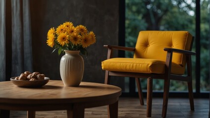 A yellow chair and table with a vase isolated on transparent background, , PNG.