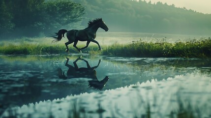 The reflection of a galloping horse in the mirrored surface of a calm river, capturing the beauty and power of the majestic ure in motion