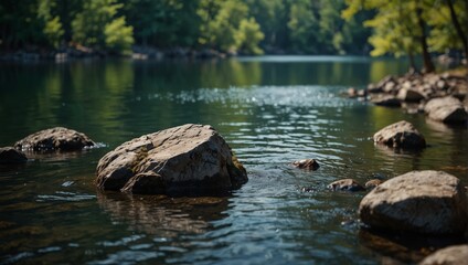 A view of a body of water with rocks and trees,.