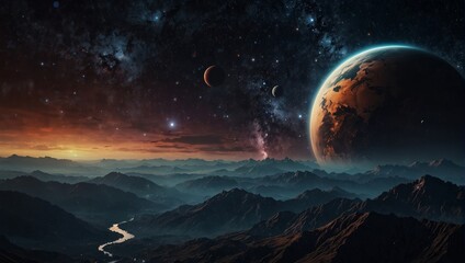 A view of a planet in space with mountains and clouds,.