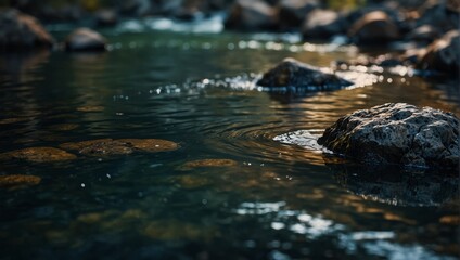 Fototapeta premium A view of a river with rocks and water under the surface,.