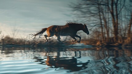 The reflection of a galloping horse in the mirrored surface of a calm river, capturing the beauty and power of the majestic ure in motion