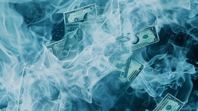 Dollar bills in a blue fire.