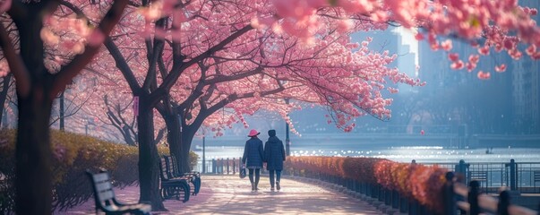 The photo shows a beautiful cherry blossom tree in full bloom