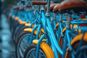 City Bike Share Program Bicycles lined up for a city bike share program, promoting sustainable...