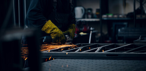 Hands of worker grinding a piece of metal