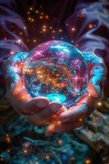 A pair of male hands surrounding a crystal ball. 3d render 
