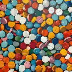 Heap of medicine pills. Background made from colorful pills. Generative AI
