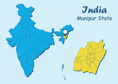 Manipur India vector map illustration on white background. Manipur District vector map illustration. Manipur political outline. Illustration. India Map with Highlighted Manipur state. India.