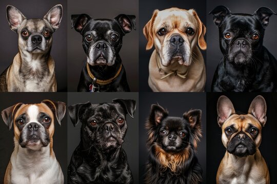 Collage de ocho retratos de perros sobre fondo negro y gris oscuro, Mosaico de caras de perros: Bulldog Franc&eacute;s, Chihuahua y mestizos, Grid de fotos de estudio de mascotas con iluminaci&oacute;n dram&aacute;tica