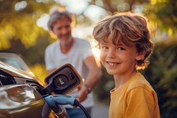  a happy 7 year old boy charging an electric car. His father is behind him watching him one summer...
