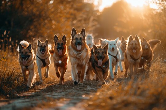 Manada de perros corriendo hacia la c&aacute;mara en el bosque al atardecer, Pastores alemanes y otros perros disfrutando de la naturaleza con luz dorada, Fotograf&iacute;a din&aacute;mica de grupo de mascotas ejercit&aacute;ndo