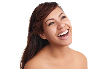 Woman, thinking and haircare in studio for treatment, confident and cosmetics for hair texture. Female person, beauty and hairstyle on white background, ponder and contemplating haircut choice