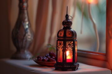Arabic lantern with a burning candle and dates fruit on a white table against a beige wall...
