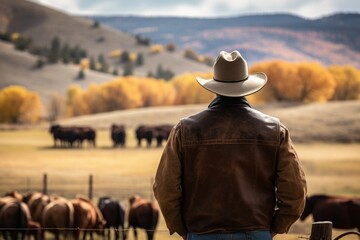 cowboy looking at his cows on his ranch on an autumn day