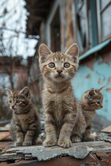  abandoned cat with kittens against the background of an abandoned house outdoors 