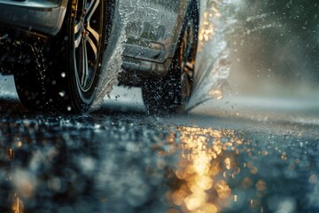 Car with Alloy wheels drives through puddle on wet road