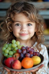 happy child holding a plate with fruit close-up 
