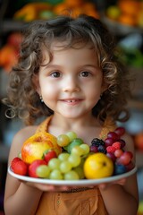 happy child holding a plate with fruit close-up