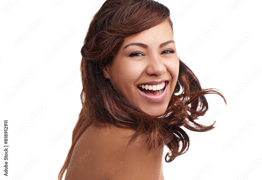 Sticker Woman, portrait and laughing in studio for haircare, confident and cosmetics for hair texture. Female person, beauty and hairstyle on white background, shampoo and conditioner for transformation