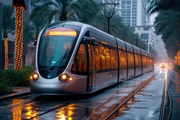 City Street Light Rail A light rail vehicle moving through city streets, offering efficient public transit