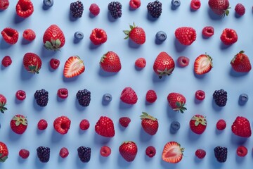 There are many different types of berries on a blue background