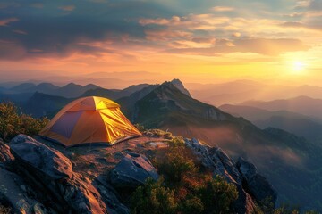 Tent on mountain peak at sunset, sky filled with colorful clouds