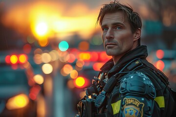 Obraz premium City Traffic Police Officer A traffic police officer directing vehicles at a busy intersection, ensuring smooth flow