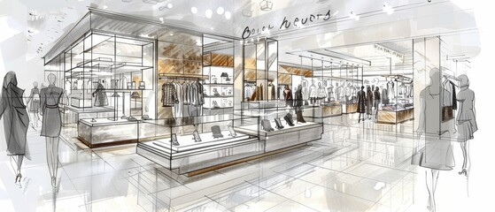 Architectural sketch of modern retail store interior.