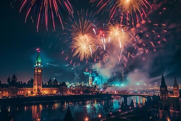 Naklejka premium Parliament Hill with fireworks at night, Canada Day celebrations, symbolizing national pride and unity