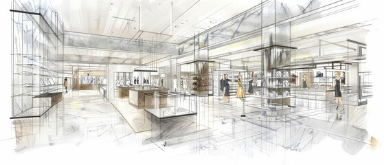 Architectural sketch of modern retail store interior.