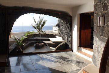 Gran ventanal de cristal en casa cueva con vistas al mar, Asiento de obra integrado en pared de piedra volcánica, Rincón de relax con chimenea moderna y suelo de pizarra