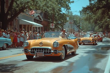 Classic Car Parade Route Spectators watching a parade of classic cars along a designated route