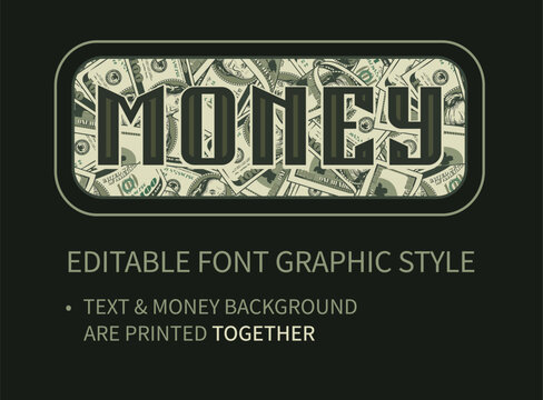 Editable text effect with dollar background. Letters on money seamless pattern. Letter and backdrop are printed together. Retro typography graphic style