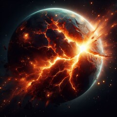 Dramatic 3D render of a planet Earth analog fracturing with fiery magma, symbolizing environmental destruction or apocalypse. AI Generation