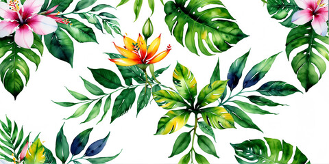 Watercolor of Tropical spring floral green leaves and flowers s isolated on transparent png background, bouquets greeting or wedding card decoration, with Generative Ai.