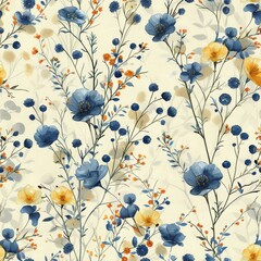 Small blue and yellow flowers on a light yellow background.