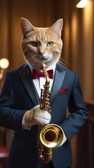 Obraz premium A cat in a blue suit and bow tie plays the saxophone at the theater.