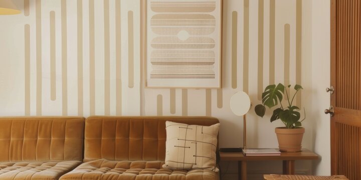 Sof&aacute; de terciopelo mostaza capiton&eacute; con pared pintada a rayas, Combinaci&oacute;n de colores tierra y ocres en sala de estar moderna, Dise&ntilde;o de interiores c&aacute;lido con textiles suaves y madera