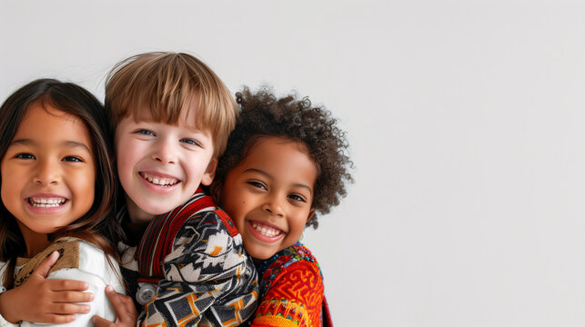 Close-up of 3 children in diversity gender, skin color and nationality are hugging each others on a plain white background. Background for back to school season.