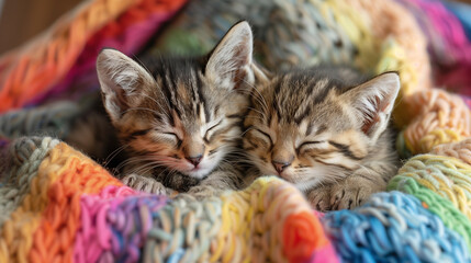 Two kittens snuggling under a rainbow-colored blanket, pride month theme