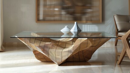 modern table design, glass surface, origami shape frame, multiscale hollow structure, bamboo color