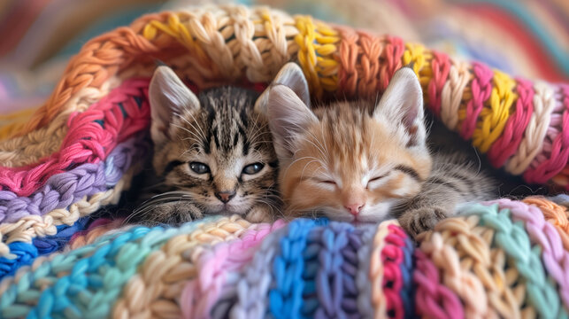 Two kittens snuggling under a rainbow-colored blanket, pride month theme