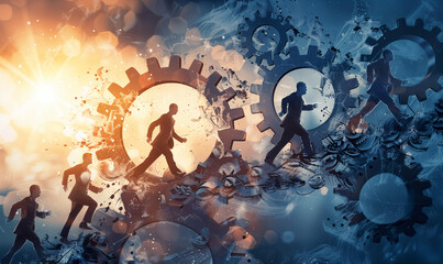 Dynamic figures or symbols symbolizing adaptability, speed and innovation in a corporate setting. It is an image of transformation and versatility, which is crucial in today's changing business world.