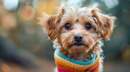 A fluffy puppy wearing a rainbow bandana around its neck, pride month theme