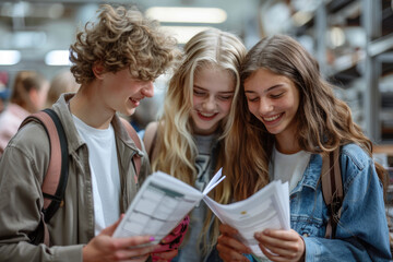 group of 3 smiling teenage students wearing bright clothes looking at the documents standing in classroom. ai generated
