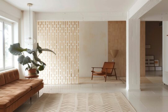 Interior minimalista con biombo separador de madera calada, Render de hogar moderno con suelos blancos y decoraci&oacute;n sutil, Dise&ntilde;o de partici&oacute;n arquitect&oacute;nica con patr&oacute;n geom&eacute;trico