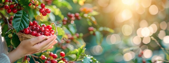 Banner hands harvest red seed in basket robusta arabica plant farm. Coffee plant farm Close up woman Hands harvest raw coffee beans. Ripe Red berry plant fresh seed coffee tree growth with copy space