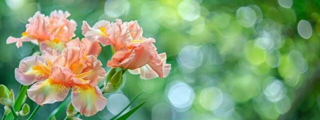 Beautiful large head of iris. Banner beautiful iris flower grow in the garden. Nature concept for design.  Peach Iris Germanica. Close-up of a Peach flower iris on blurred green natural background. 