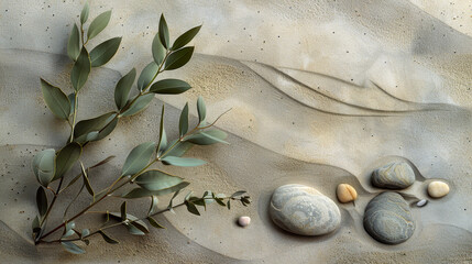 Natural Harmony Sage Twig and Pebble Rocks on Sand
